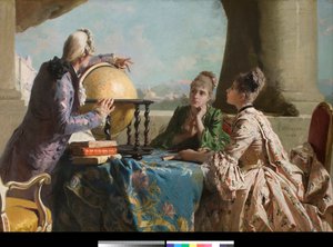 Lekon geografii Dwie młode kobiety z wyższych sfer i ich nauczycielka pokazująca im kulę ziemską Obraz Eleuterio Pagliano (1826-1903) 1880 Kolekcja prywatna autorstwa Eleuterio Pagliano
