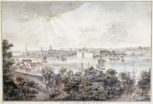 Widok Sztokholmu z Soderu z Pałacem Królewskim, Storkyrkan, Riddarholmskykan i Tskakykan, autorstwa Elias Martin
