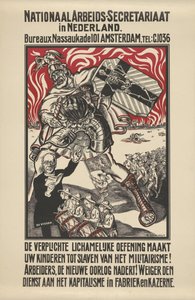 Plakat przeciwko militaryzmowi opublikowany przez Krajowy Sekretariat Pracowników w Holandii autorstwa Elias Smalhout