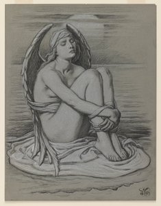 Związany Anioł, 1891 (czarno-biała kreda lub kredka na tkanym papierze) autorstwa Elihu Vedder