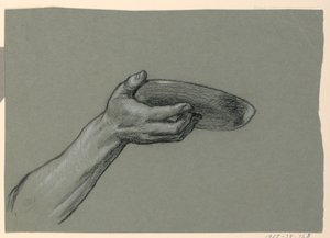 Rysunek, detal przedramienia i dłoni trzymającej okrągły przedmiot, ok. 1885 r. autorstwa Elihu Vedder