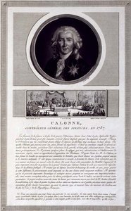 Calonne, kontroler generalny finansów, 1787, portret rytowany przez Charlesa Levacheza (fl.1760-1820), ze sceną zjazdu notabli Jeana Duplessisa-Bertaux (1747-1819), ok.1803 (grafika)