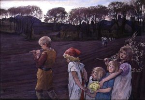 Pied Piper, alegoria wiosny (olej na płótnie) autorstwa Elizabeth Adela Stanhope Forbes