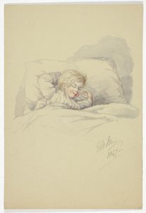 Dziecko śpi (recto) i rybacy na doku (verso) autorstwa Elizabeth Murray