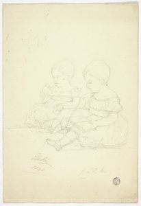 Dwie siedzące dziewczynki (recto), martwa natura i dwa zwierzęta (verso) autorstwa Elizabeth Murray