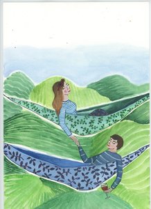 Hanging Out, 2018 (akwarela i kolaż) autorstwa Elizabeth Rider