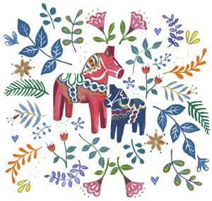Szwedzki koń Dala, 2018 (akwarela i akryl) autorstwa Elizabeth Rider