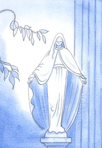 Statua w ogrodzie: Tutaj widzimy otwarte podejście Matki Bożej do Boga. Zawsze pytała Go: „Co chciałbyś, żebym zrobiła?”, 2002 (w/c na papierze) autorstwa Elizabeth Wang