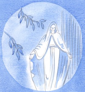 Statua w ogrodzie: Tutaj widzimy otwarte podejście Matki Bożej do Boga. Zawsze pytała Go: „Co chciałbyś, żebym zrobiła?”, 2002 (w/c na papierze) autorstwa Elizabeth Wang