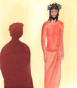 Człowiek, który cierpliwie znosi ból i upokorzenia, z miłości do Chrystusa, jest jak Ten, który został zraniony za nas, 2001 (w/c na papierze) autorstwa Elizabeth Wang