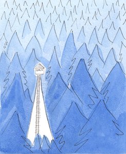 Strażnik w strażnicy mieszka w oazie światła pośród ponurego, zimnego, ciemnego krajobrazu, 2003 (w/c na papierze) autorstwa Elizabeth Wang