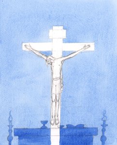 Po konsekracji możemy być pewni, że Chrystus jest obecny wśród nas: Chrystus, który umarł na krzyżu, modląc się za grzeszników, i który jest obecny teraz, modląc się za nas w naszych czasach i składając tę samą ofiarę, 2005 (akwarela na papierze) autorstwa Elizabeth Wang