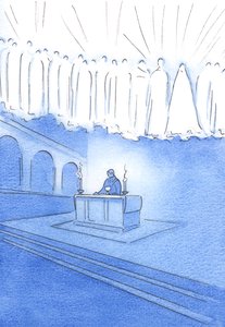 Wszyscy, którzy modlą się szczerymi modlitwami podczas Najświętszej Ofiary Mszy, modlą się przez Chrystusa i Świętych Nieba, 2002 (w/c na papierze) autorstwa Elizabeth Wang