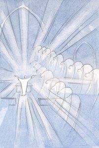 Aniołowie i święci kłaniają się nisko, adorując ofiarę Chrystusa: „Przez Niego, z Nim, w Nim?”, 2001 (w/c na papierze) autorstwa Elizabeth Wang