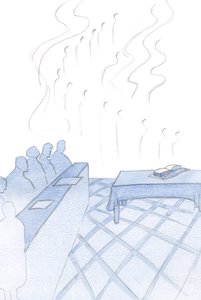 Aniołowie powtarzali pokorne pieśni braci, ich kult spleciony z radością i jasnymi sztandarami, 2000 (w/c na papierze) autorstwa Elizabeth Wang