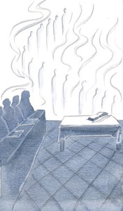 Aniołowie powtarzali pokorne pieśni braci, ich kult spleciony z radością i jasnymi sztandarami, 2000 (w/c na papierze) autorstwa Elizabeth Wang