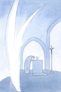Aniołowie szanują godność umiłowanego ludu Chrystusa; kłaniają się na powitanie, 2000 (w/c na papierze) autorstwa Elizabeth Wang