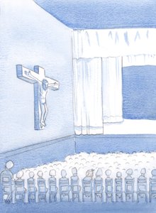 Jako niekatolickie dziecko w katolickiej szkole patrzyłem na postać na krzyżu, zastanawiając się, kim On był i dlaczego tam był, 2000 (w/c na papierze) autorstwa Elizabeth Wang