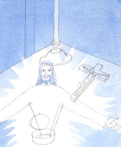 Gdy tylko cyborium zostało otwarte i uwielbiłam Jezusa, Naprawdę Obecnego w Najświętszej Hostii, ukazano mi radosny widok Samego Jezusa, który wyciąga ręce, aby mnie pozdrowić., 2004 (w/c na papierze) autorstwa Elizabeth Wang