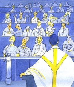 Kiedy ksiądz patrzy na swoje zgromadzenie, przygotowując się do głoszenia kazań i nauczania na Mszy, powinien pamiętać, jak bardzo są w potrzebie, 2001 (w/c na papierze) autorstwa Elizabeth Wang