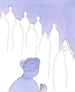 Kiedy odmawiamy Różaniec, święci przyłączają się do pierwszej połowy „Zdrowaś Maryjo”, odmawiając ją razem z nami, aby uczcić Matkę Bożą i uwielbić Jej Syna Jezusa., 2004 (w/c na papierze) autorstwa Elizabeth Wang