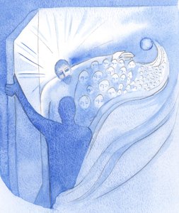 Podczas Wniebowstąpienia Chrystus, nasz brat, triumfalnie powrócił do Ojca i otworzył nam drogę do Nieba, 2001 (w/c na papierze) autorstwa Elizabeth Wang