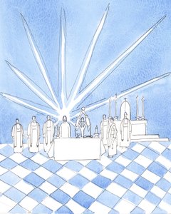 Podczas konsekracji podczas Mszy św. w Blackfriars w Oksfordzie widziałam Chrystusa stojącego za ołtarzem z koncelebrowanymi księżmi dominikańskimi, 2004 r. (w/c na papierze) autorstwa Elizabeth Wang