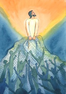 Na Mszy, jak rybak, Jezus wciąga do swego Królestwa tych, którzy Go miłują, 2001 (w/c na papierze) autorstwa Elizabeth Wang
