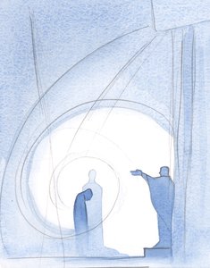 Pod koniec Mszy św. zostajemy ogarnięci błogosławieństwem Ojca w towarzystwie Chrystusa, gdy Duch Święty pociesza nasze serca., 2001 (w/c na papierze) autorstwa Elizabeth Wang