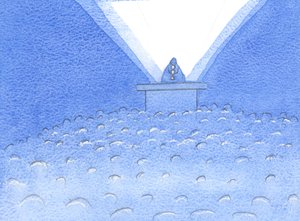 W centrum naszej celebracji znajduje się ofiarowanie Najświętszej Ofiary, przez którą Chrystus wstawia się za nami i przebłaga za nas, 2002 (w/c na papierze) autorstwa Elizabeth Wang