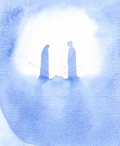 Na widok cudownego dziecka (którego Matka stała przed Nim w dziewiczej świętości) św. Józef został potężnie nagrodzony za wiarę., 2001 (w/c na papierze) autorstwa Elizabeth Wang