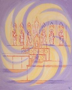 Przed tabernakulum jesteśmy w Obecności Boga żywego, którego Trójjedyna chwała wypełnia Kościół, 2003 (olej na pokładzie) autorstwa Elizabeth Wang