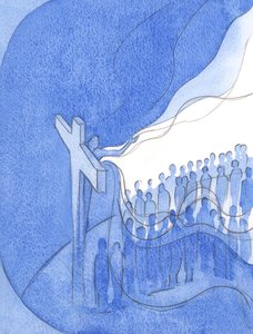 Dzięki swojemu boskiemu współczuciu i solidarności z własnym ludem na Ziemi, Chrystus zakrył grzechy całej ludzkości., 2001 (w/c na papierze) autorstwa Elizabeth Wang