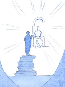 Swobodnie zrzucając nasze brzemiona w Obecności Chrystusa, to tak, jakbyśmy budowali do Niego schody i zbliżali się, 2002 (w/c na papierze) autorstwa Elizabeth Wang