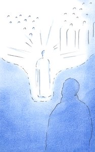 Dzięki modlitwie jesteśmy bardzo blisko Świętych Nieba, jak gdyby podłoga niebios opadała. Każdy nasz akt wiary prowadzi nas jeszcze bliżej, 2002 (w/c na papierze) autorstwa Elizabeth Wang