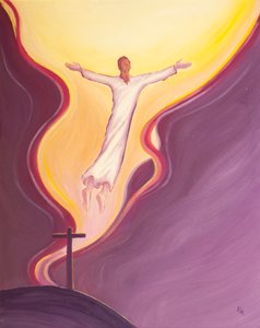 Z woli Ojca, uprzedniej wiedzy, planu, zgody i sprawiedliwości, Chrystus cierpiał i umarł i skoczył do Swojego Ojca, ciągnąc nas za sobą., 2001 (olej na pokładzie) autorstwa Elizabeth Wang