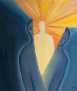 Poprzez prawdziwą skruchę i bezinteresowne uwielbienie możemy przebić się, by spotkać żywego, promiennego Chrystusa w naszych dziecięcych wyobrażeniach mentalnych, 2001 (olej na pokładzie) autorstwa Elizabeth Wang