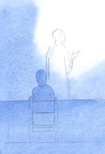 Chrystus - plecami do mnie - zwraca się do Ojca i ofiarowuje naszą modlitwę dziękczynną i łaskę przed posiłkami, 2001 (w/c na papierze) autorstwa Elizabeth Wang