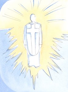 Chrystus – prawie niewzruszenie olśniewający, królewski i potężny – teraz króluje w niebie, prawdziwy człowiek i prawdziwy Bóg, nasz Arcykapłan, 2002 (w/c na papierze) autorstwa Elizabeth Wang