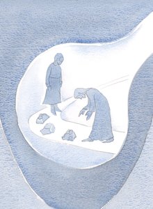 Sam Chrystus, w swojej pokorze, pochyla się, aby nam raz po raz pomagać; poprawianie naszych błędów - nasze "śmieci", 2000 (w/c na papierze) autorstwa Elizabeth Wang