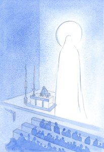 Chrystus i Jego Święta Matka żyją teraz w Niebie, chwalebni. Być tak uwielbionym to być majestatycznym i doskonałym pod każdym względem, 2001 (w/c na papierze) autorstwa Elizabeth Wang