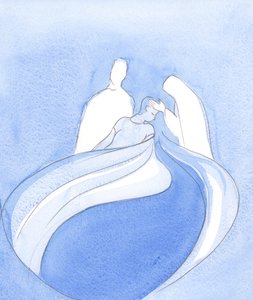 Chrystus i Matka Boża są jak Niebiańscy Opiekunowie, pomagają nam, gdy z duchowego zamętu i wytrwałości rodzi się coś wspaniałego, 2002 (w/c na papierze) autorstwa Elizabeth Wang
