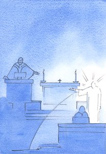 Chrystus pojawił się przede mną z podniesionym ramieniem, aby wskazać ambonę, na której, jak mi powiedział, mówi się prawdę o Bogu i Człowieku, 2003 (w/c na papierze) autorstwa Elizabeth Wang