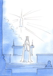 Chrystus pojawił się wysoko w sanktuarium i zesłał Swoją Matkę, aby przekazać mi Dobrą Nowinę. „Matka Boża Okupu” stała przede mną z koroną na głowie, 2003 (w/c na papierze) autorstwa Elizabeth Wang