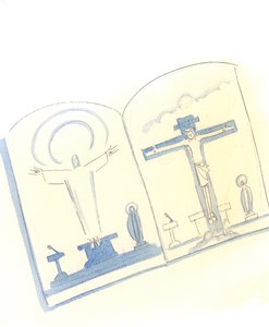 Chrystus poprosił mnie, abym umieścił dwa obrazy obok siebie na nowej opublikowanej karcie, aby ludzie mogli zobaczyć, że modlitwa, którą On ofiaruje jako nasz Najwyższy Kapłan z sanktuarium podczas Mszy, jest tą samą ofiarną modlitwą i ofiarą, którą On ki autorstwa Elizabeth Wang