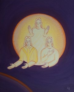 Chrystus pyta ilu z nas na tej ziemi w dole naprawdę kocha Osoby Trójcy Świętej, 2002 (olej na pokładzie) autorstwa Elizabeth Wang