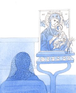 Chrystus zaprasza nas, abyśmy zaufali Jego świętej Matce Maryi i prosili o Jej modlitwy, szczególnie pod tytułem "Matka Nieustającej Pomocy", 2005 (akwarela na papierze). autorstwa Elizabeth Wang