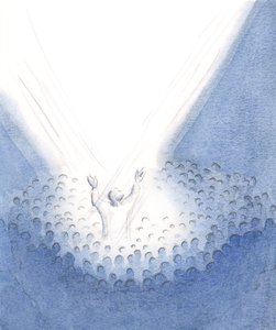 Chrystus jest obecny tutaj z nami na Mszy św., prawdziwie ludzki, składa pośród nas Swoją wzniosłą Ofiarę w imieniu Swoich braci i sióstr, 2001 (w/c na papierze) autorstwa Elizabeth Wang