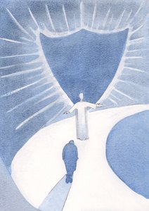 Chrystus jest naszym przewodnikiem, który oboje chroni nas obecnie przed oślepiającym światłem Nieba, przygotowuje nas do chwały, 2000 (w/c na papierze) autorstwa Elizabeth Wang