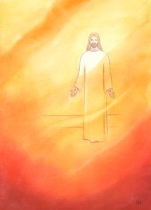 Chrystus jest promienny i radosny w swoim zmartwychwstałym życiu, 2002 (w/c na papierze) autorstwa Elizabeth Wang